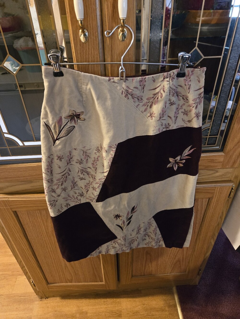 Floral Patchwork Midi Skirt in Cream and Dark Brown Beautiful